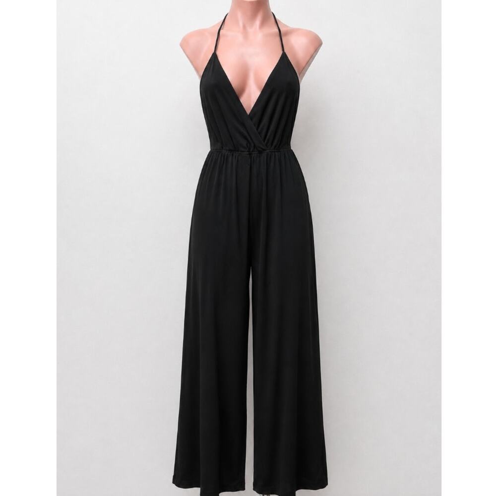 Kelly Renee Jet Black Wrap Sexy VNeck Spaghetti Halter Top Jumpsuit Romper M
